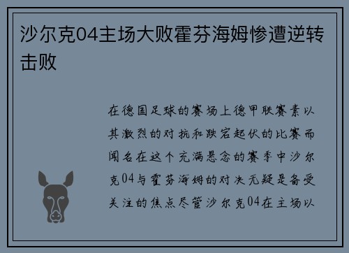 沙尔克04主场大败霍芬海姆惨遭逆转击败