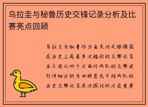 乌拉圭与秘鲁历史交锋记录分析及比赛亮点回顾